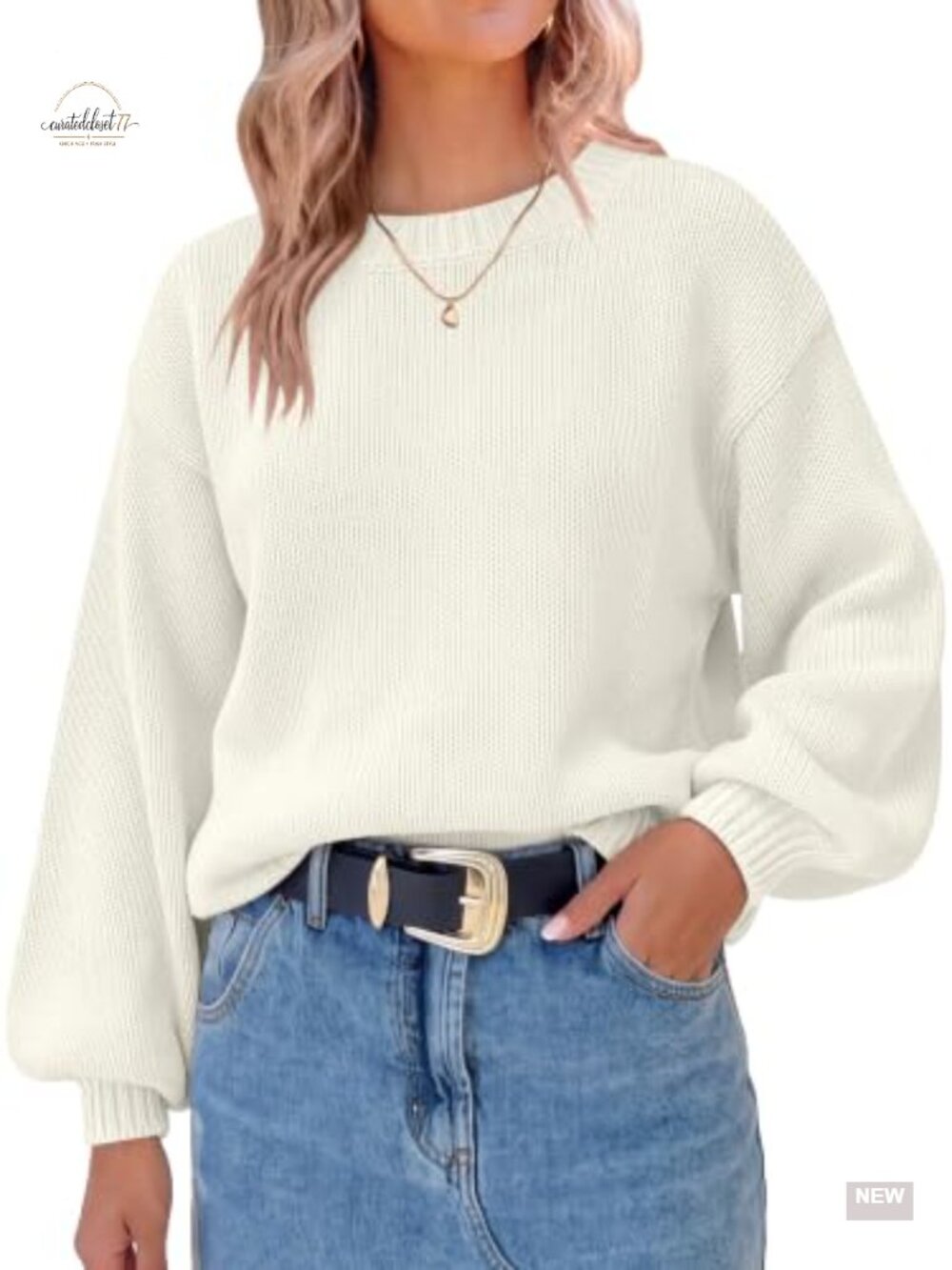 Oversized Knit Sweater Pullover Crew Neck Long Lantern Sleeve